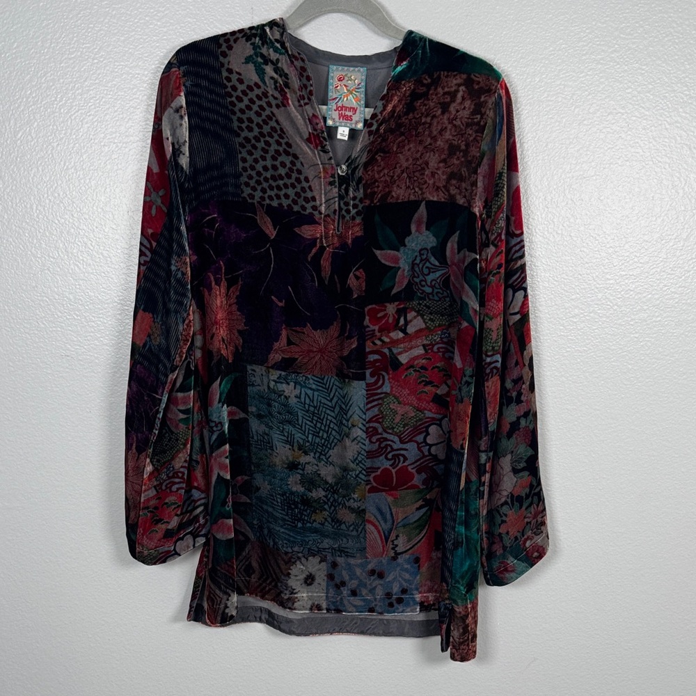 Johnny Was Grace Tessa Multi-Color Velvet Patchwork Tunic Blouse Size Small